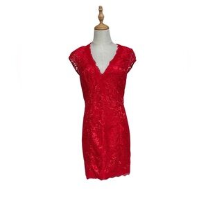 Bebe Red Lace V-Neck Cap Sleeve Sheath Dress • Size 8